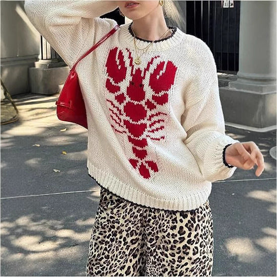 Damen Strickpullover mit maritimem Hummer-Print und lässigem Schnitt