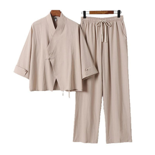 Unisex Leichtes Zen-Lounge-Set im Kimono-Stil mit überschnittener Schulter verdeckter Knotenleiste und elastischer Tunnelzughose Shop Nory