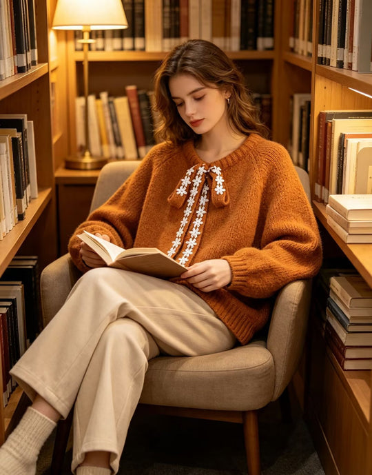 Damen Oversize Strickpullover mit dekorativem Blumen-Spitzenband Shop Nory
