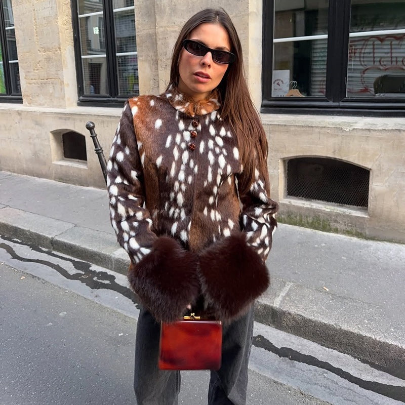 Damen Taillierte Kurzjacke mit Leopardenmuster und Kunstpelzmanschetten Shop Nory