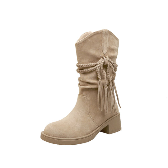 Damen Wadenhohe Veloursleder-Stiefel mit geflochtenem Quastenriemen Shop Nory
