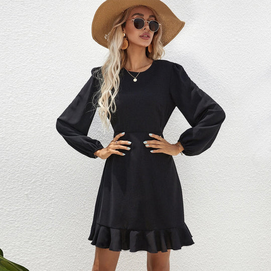 Damen elegantes Langarm-Minikleid mit Puffärmeln taillierter Empire-Passform und Volant-Saum Shop Nory