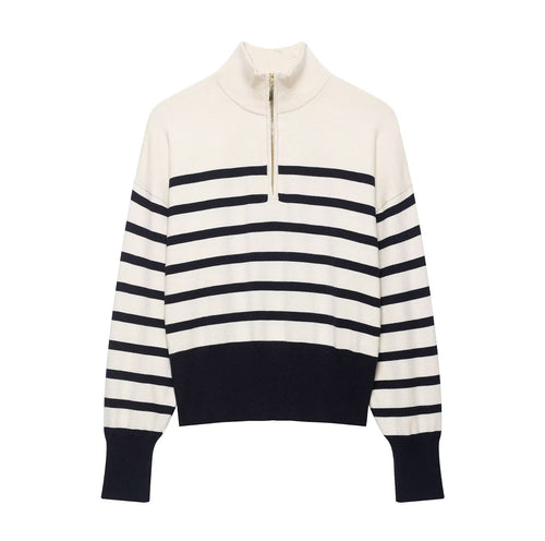 Damen Cropped Boxy Strickpullover mit halbem Reißverschluss, Stehkragen und breiten Streifen Shop Nory