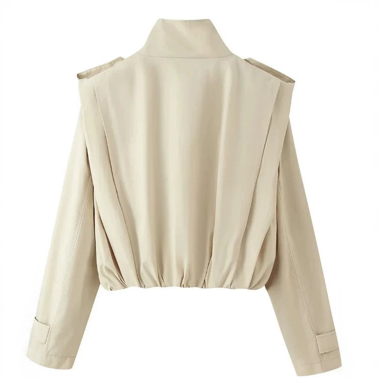 Damen Gekürzte doppeltreihige Trenchjacke mit Stehkragen, Epauletten und elastischem Saum Shop Nory