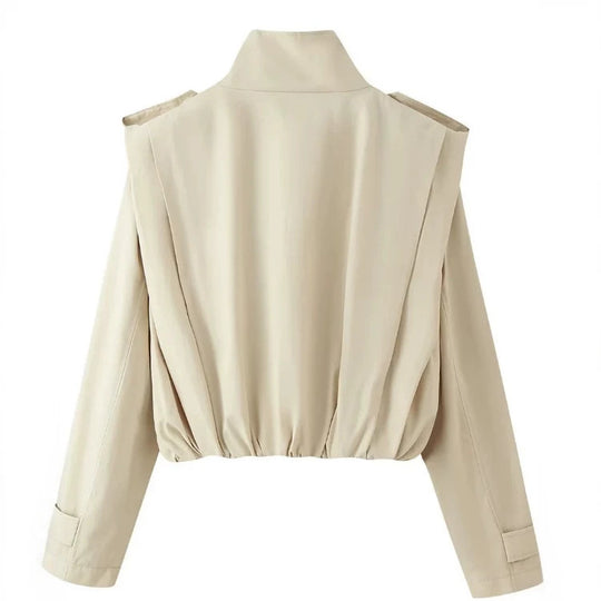 Damen Gekürzte doppeltreihige Trenchjacke mit Stehkragen, Epauletten und elastischem Saum Shop Nory