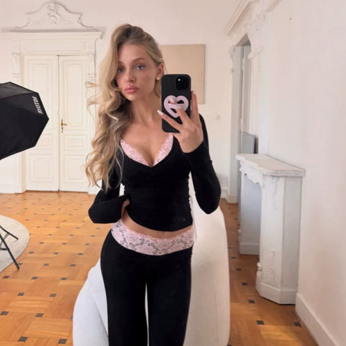 Damen Figurbetontes Lounge-Set mit Spitzendetail, High‑Waist Leggings & Crop-Top Shop Nory