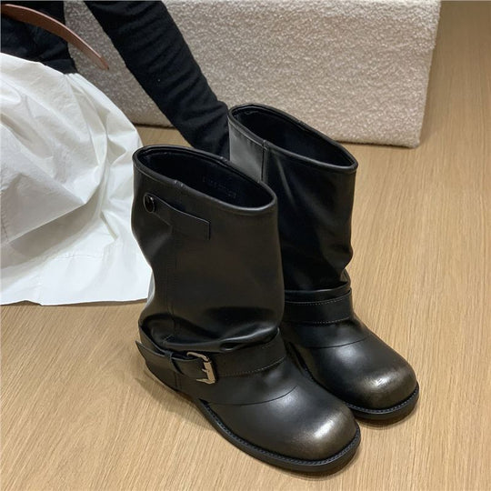 Damen Slouchy Bikerstiefeletten mit verstellbarem Schnallenriemen und runder Zehenform Shop Nory