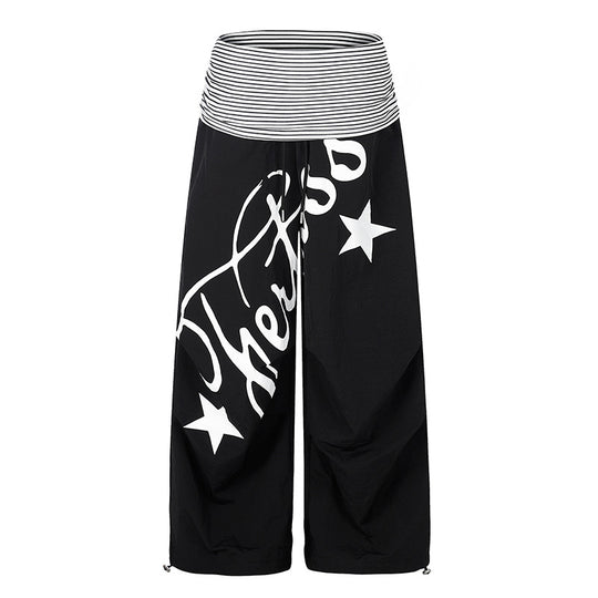Damen Weite Palazzo-Hose mit hohem, gestreiftem Komfortbund und Statement-Print Shop Nory