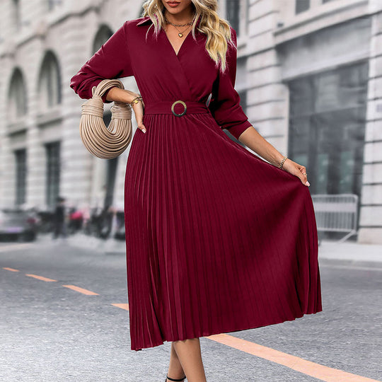 Damen Midi-Faltenkleid mit Wickeloberteil, Taillengürtel und Plissee-Rock Shop Nory