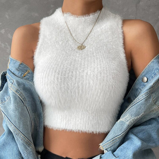Damen Kurz geschnittenes ärmelloses geripptes Strick-Crop-Top mit Stehkragen Shop Nory