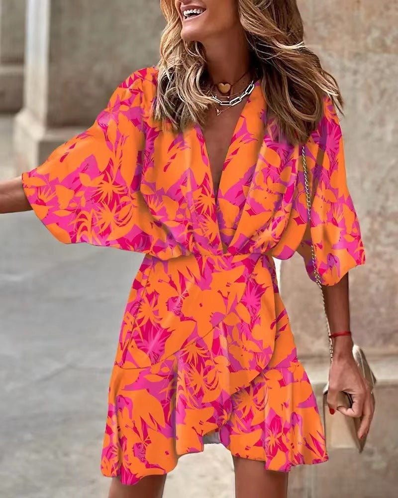 Damen Lässiges Wickelkleid mit voluminösen Ärmeln und modischem Tierdruck