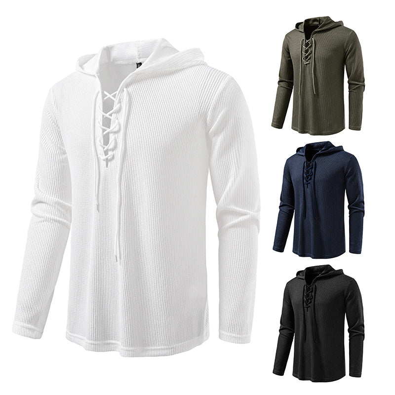 Herren Waffelstrick-Kapuzenpullover mit Schnürkragen und geradem Saum Shop Nory
