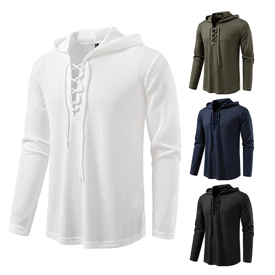 Herren Waffelstrick-Kapuzenpullover mit Schnürkragen und geradem Saum Shop Nory