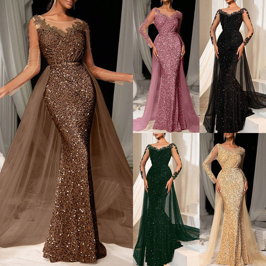 Damen Glamouröses Abendkleid mit schimmerndem Spitzenoberteil und fließendem Tüllumhang