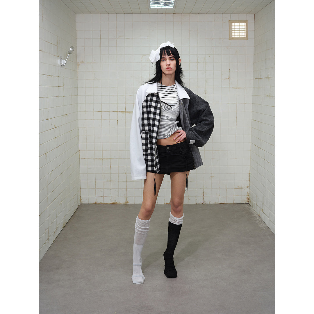 Unisex Kastig geschnittene Patchwork-Blousonjacke aus Wollmix mit Hemdkragen Shop Nory