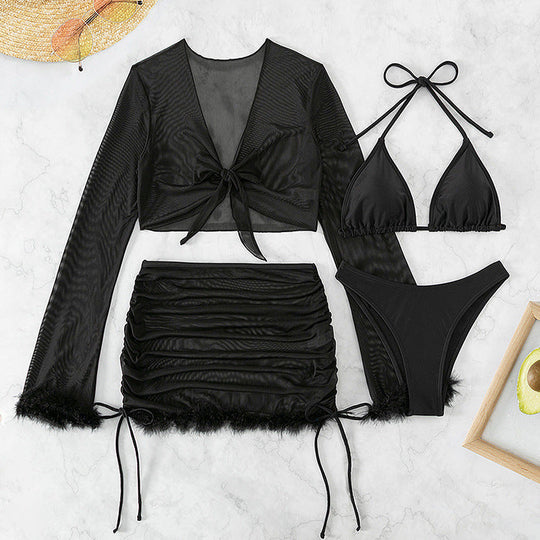 Damen Bikiniset mit raffinierten Rüschendetails und Langarmcover Shopnory