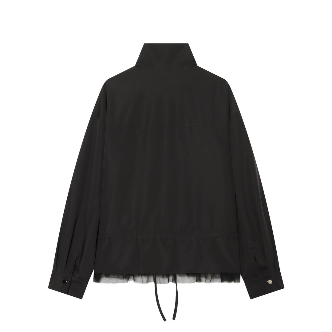Damen leichte taillierbare Windjacke mit Stehkragen, Tunnelzug und Tüllbesatz Shop Nory