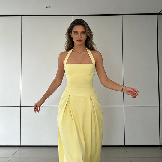 Damen Elegantes Midikleid mit tiefem V-Ausschnitt und stilvollem Faltenrock