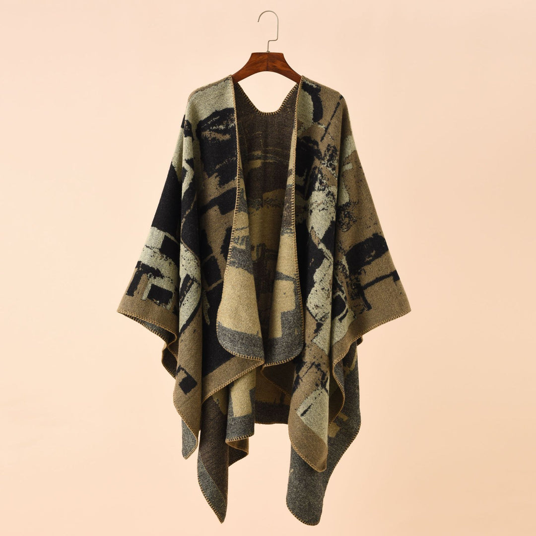 Damen Oversize-Umhangruana aus Wollmix mit abstraktem Jacquard und Zierstichkante Shop Nory