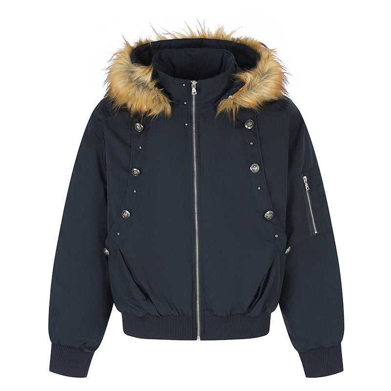 Damen Kurz geschnittene Bomberjacke mit Kunstfellkapuze und Ösenapplikation Shop Nory