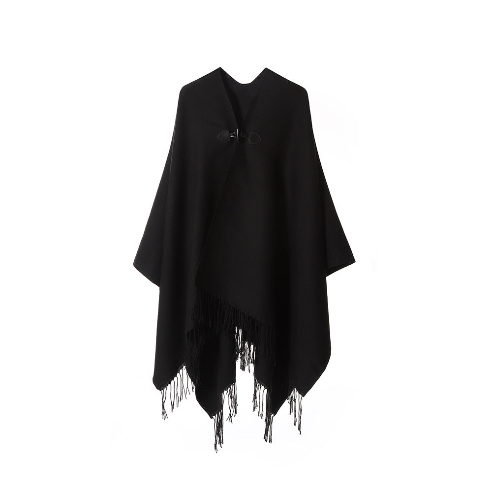 Damen Leichter Wasserfall‑Poncho mit Knebelverschluss, asymmetrischem Saum und Fransenkante Shop Nory
