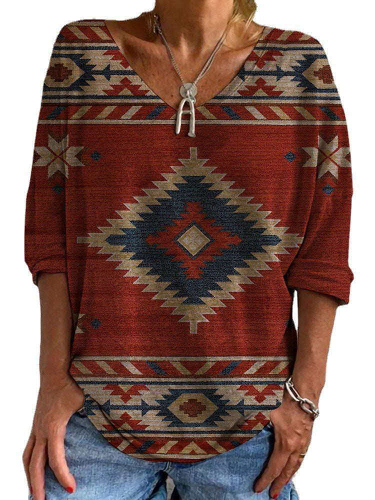 Damen Aztekisch gemustertes Oversize-Tunika-Top mit V-Ausschnitt und dreiviertel-Ärmeln Shop Nory