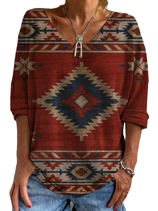 Damen Aztekisch gemustertes Oversize-Tunika-Top mit V-Ausschnitt und dreiviertel-Ärmeln Shop Nory