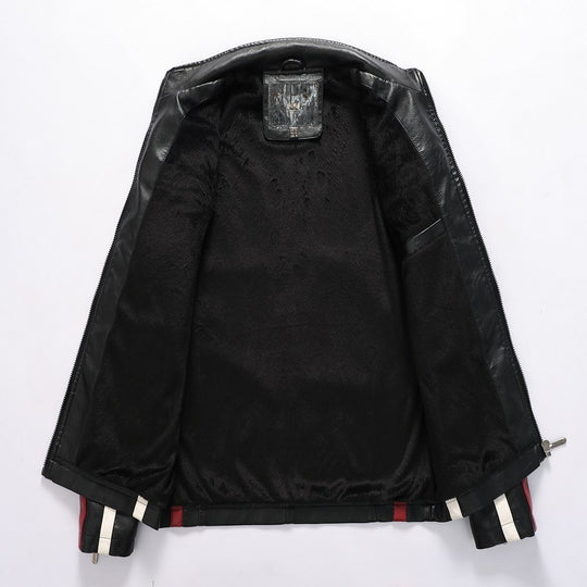 Herren Racing-Style Kunstlederjacke mit Aufnähern, Kontraststreifen und Stehkragen Shop Nory