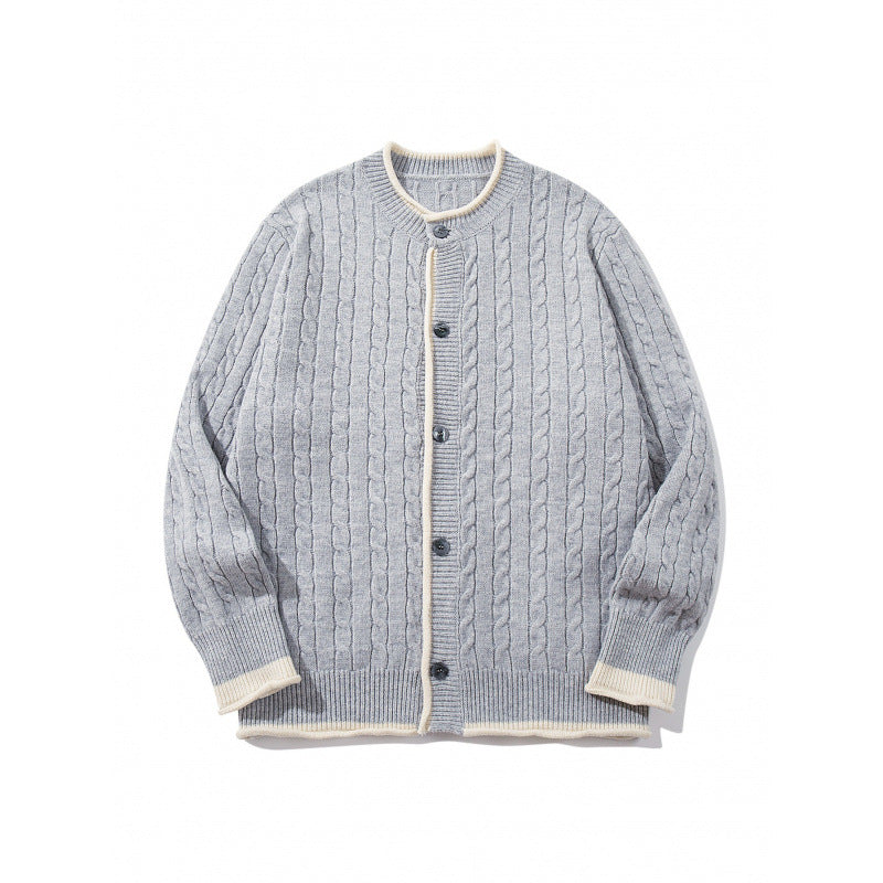 Unisex Feinstrick-Cardigan mit Zopfmuster, Rundhalsausschnitt und Kontrastblende Shop Nory