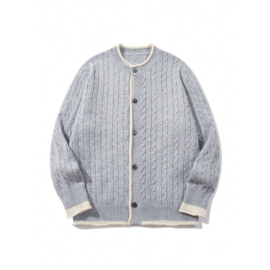 Unisex Feinstrick-Cardigan mit Zopfmuster, Rundhalsausschnitt und Kontrastblende Shop Nory