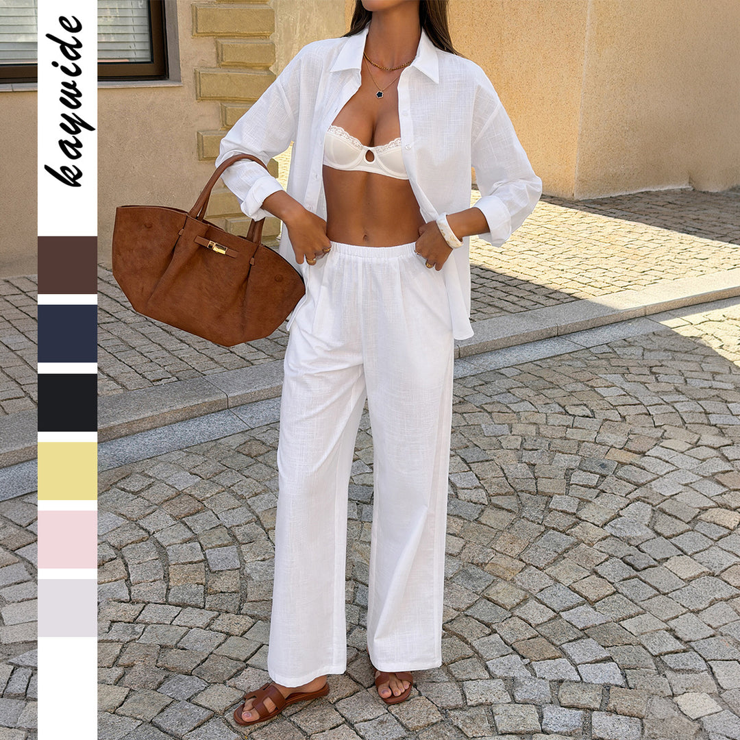 Damen nan legeres Hemd- und Palazzo-Set aus strukturierter Leinenoptik mit Kentkragen und hoher Taille Shop Nory