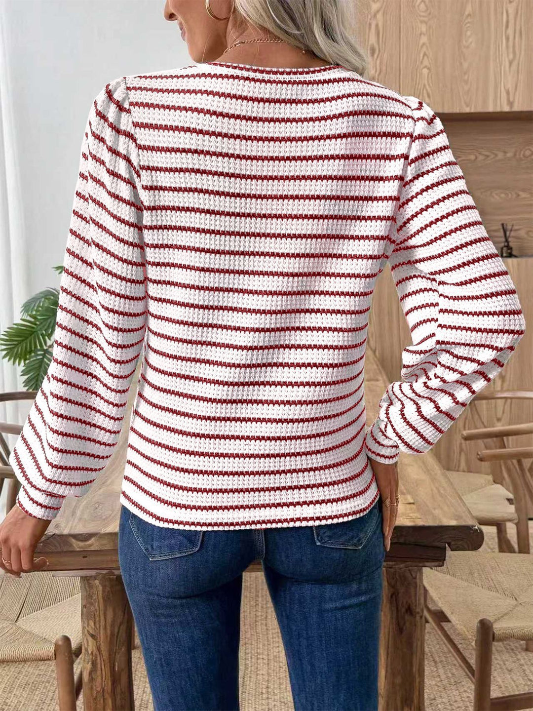 Damen Gestreifter Feinstrick-Pullover mitWaffelstruktur und Rundhalsausschnitt Shop Nory