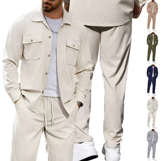 Herren nan lässiger Zweiteiler Hemdjacke mit aufgesetzten Brusttaschen und Kordelzughose