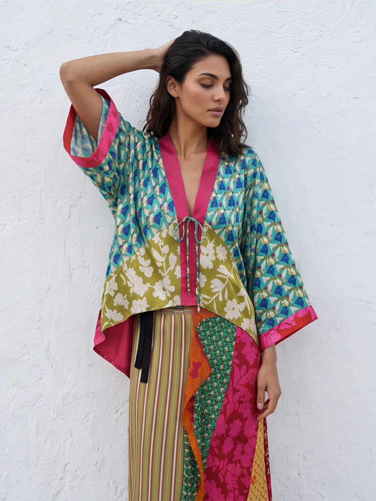 Damen Patchwork-Kimono-Top aus Seidenmix mit tiefem V‑Ausschnitt und Bindegürtel Shop Nory