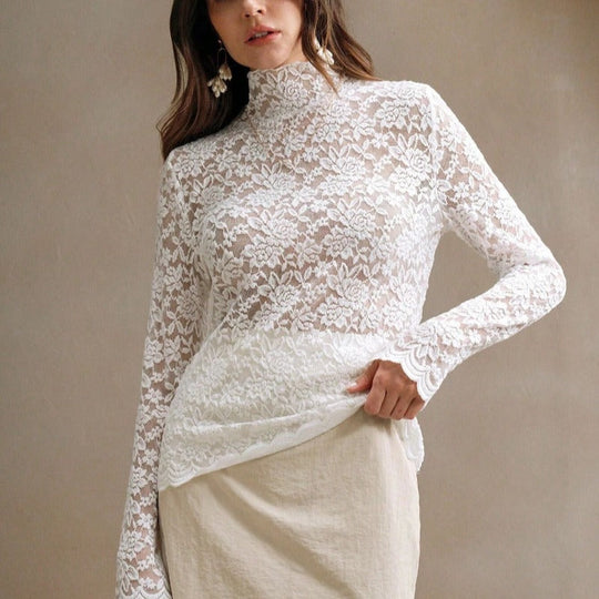 Damen Spitzenoberteil mit hohem Kragen und filigranem Blumendesign