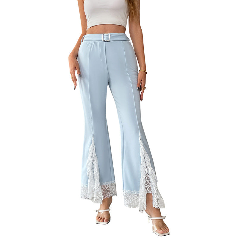 Damen High‑Waist Schlaghose mit seitlichen Spitzeneinsätzen, Taillengürtel und ausgestelltem Saum Shop Nory