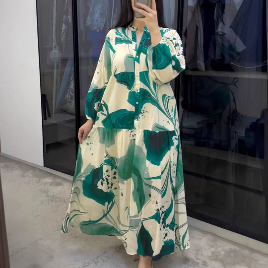 Damen Fließendes Maxikleid mit Stufenrock, überschnittenen Ballonärmeln und Stehkragen Shop Nory