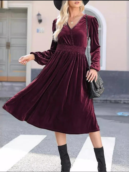 Damen Midikleid aus Samt mit V-Ausschnitt, geraffter Smock-Taille und langen Ballonärmeln Shop Nory