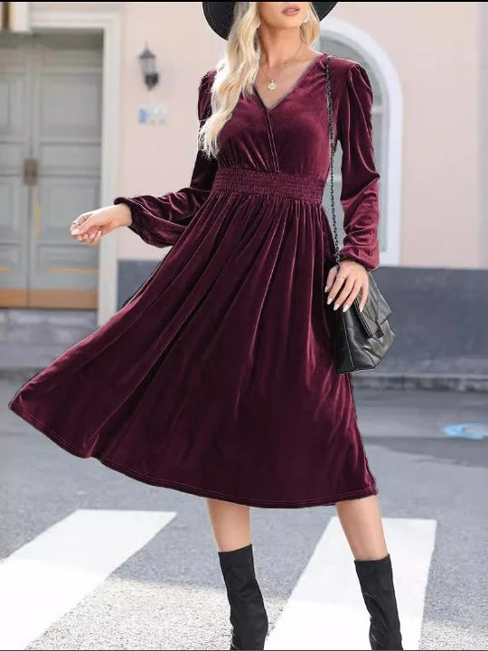 Damen Midikleid aus Samt mit V-Ausschnitt, geraffter Smock-Taille und langen Ballonärmeln Shop Nory