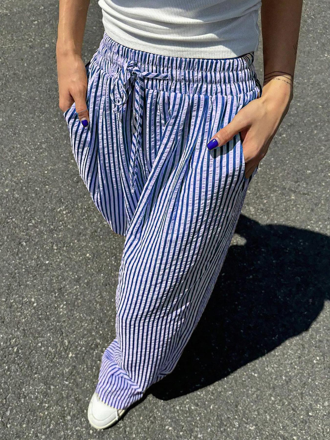 Damen Marlene-Streifenhose aus Leinenmix mit weitem Bein, Elastikbund und Kordelzug Shop Nory