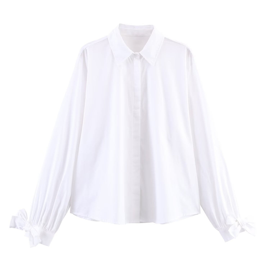 Damen Oversize-Hemdbluse mit klassischem Kragen, Ballonärmeln und Schleifenmanschetten Shop Nory