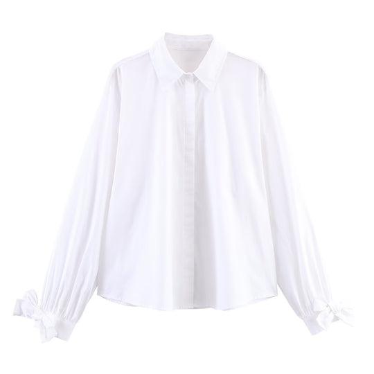 Damen Oversize-Hemdbluse mit klassischem Kragen, Ballonärmeln und Schleifenmanschetten Shop Nory