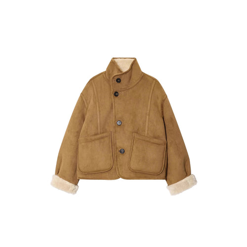 Damen Kurzjacke in Lammfell-Optik mit Stehkragen, aufgesetzten Taschen und Knopfleiste Shop Nory