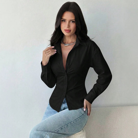 Damen taillierte gestreifte Bluse mit Kentkragen und voluminösen Ärmeln Shop Nory