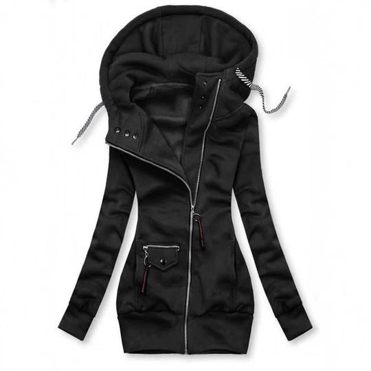 Damen Lange Kapuzenjacke mit asymmetrischem Reißverschluss und Zip‑Tasche Shop Nory