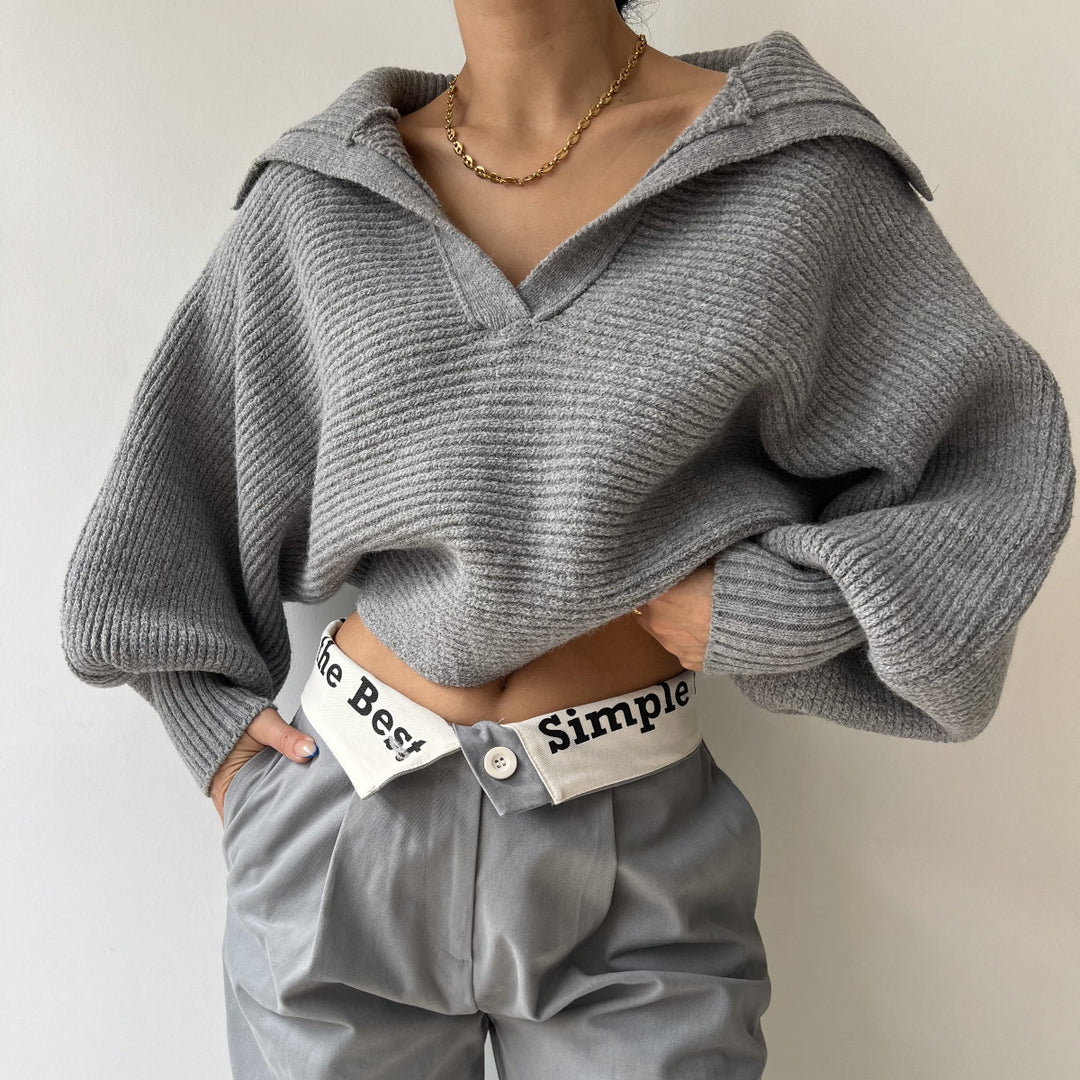 Damen Grobstrick Cropped-Pullover mit weitem Matrosenkragen und Oversize-Ärmeln Shop Nory