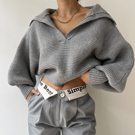 Damen Grobstrick Cropped-Pullover mit weitem Matrosenkragen und Oversize-Ärmeln Shop Nory