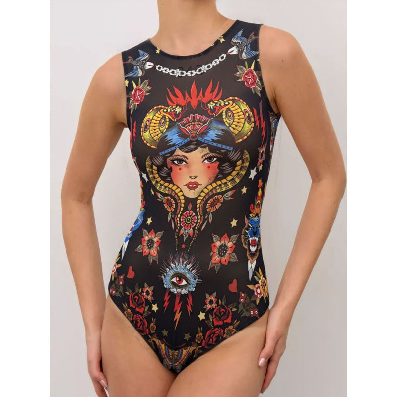Damen Sportbadeanzug mit modernem Grafikdesign und hohem Neck