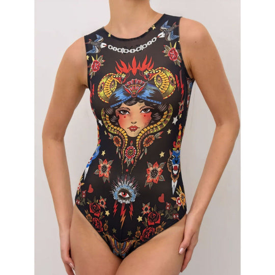 Damen Sportbadeanzug mit modernem Grafikdesign und hohem Neck