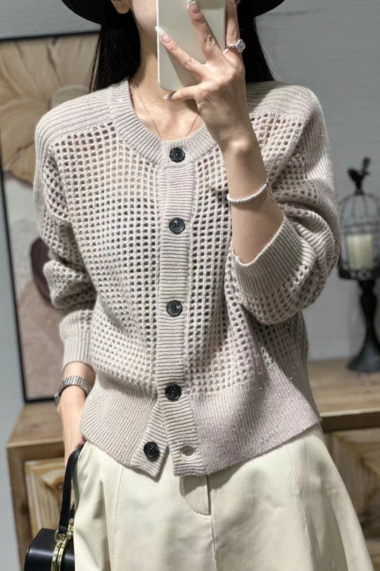Damen Lockerer Mesh‑Cardigan mit Gitter‑Ajour, Rundhalsausschnitt und Knopfleiste Shop Nory